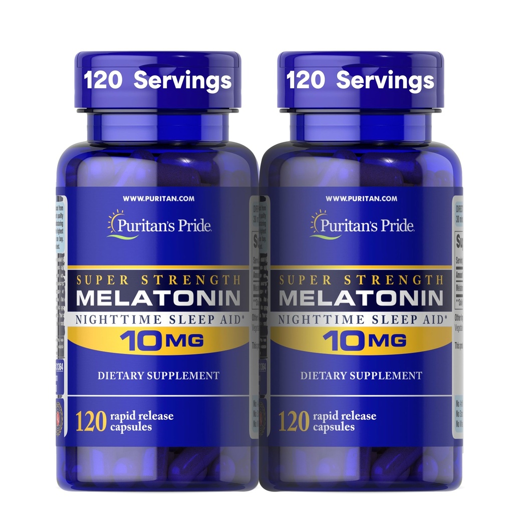 Puritan's Pride Premium Super Strength Melatonin 10mg Sleep Aid, Συμπλήρωμα διατροφής για τον ήχο, την ηρεμία, & τη μεγαλύτερη υποστήριξη ύπνου, 4 μήνες προσφοράς, 120 κάψουλες ταχείας απελευθέρωσης, 2 Pack (Packaging May Vary)