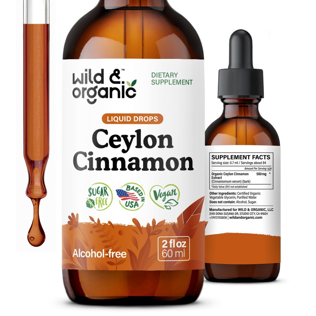 Wild & Organic Ceylon Cinnamon Extract Liquid Drops 500mg - Υγρά Συμπληρώματα Κανέλας για Συνολική Υποστήριξη - Cinnamomum Verum Bark Tincture - Vegan, Sugar & Alcohol-Free, Non-GMO - 2 fl oz