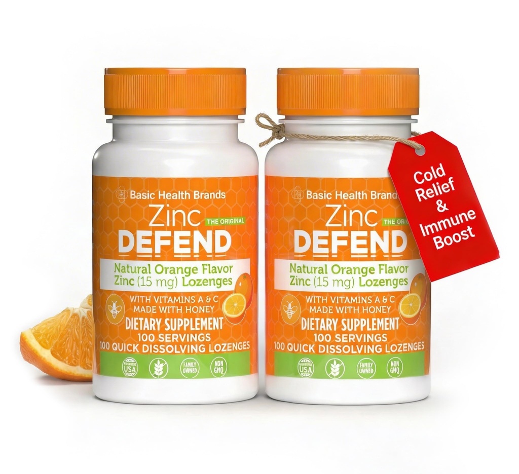 Βασικές Μάρκες – Ψευδάργυρος Orange Defense - 100 Lozenges - Φυσικό Orange Flavor Zinc–Lozenges - Ανοσοποιητική ενίσχυση, κρύο ανακούφιση, μη GMO, ψευδάργυρος Acetate & βιταμίνη C - 2-πακέτο