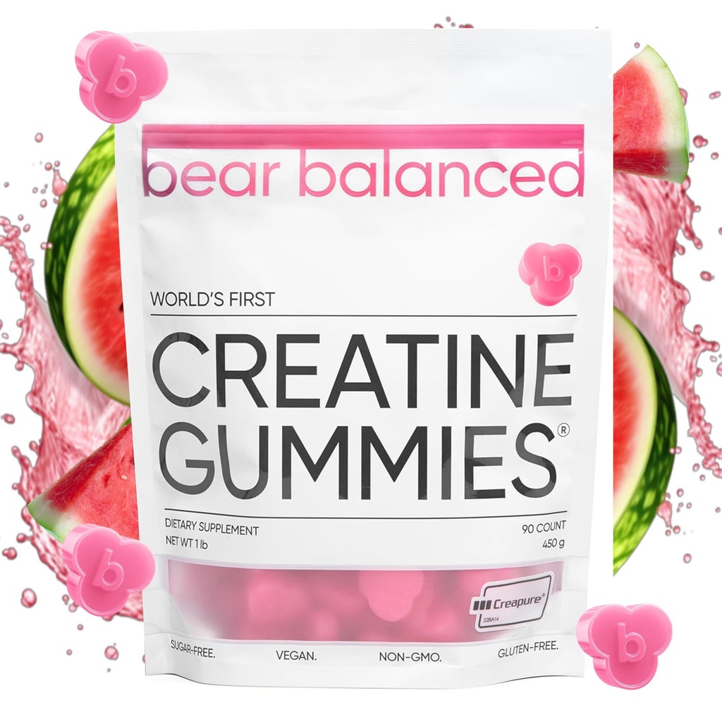 Bear Balanced Creatine Gummies for Men & Women - Creapure® Creatine Monohydrate, L-Θεανίνη, L-Τυροσίνη & B12 για την ανάπτυξη των μυών, δύναμη, εστίαση, ενέργεια & υγεία - χαμηλή θερμίδα, ζάχαρη-ελεύθερο, & Vegan