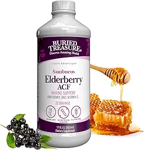 Buried Treasure Elderberry ACF with 4,000 mg Elderberry Sambucus Whole Fruit Concentrate, Vitamin C Plus Raw Local Honey Liquid Immune Support 16 oz