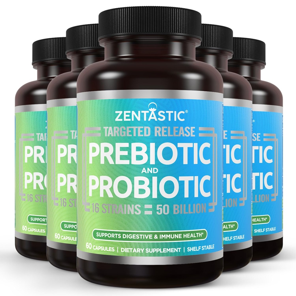 Zentastic Probiotics & Prebiotics Supplement - 50 Billion CFU - for Men & Women’s Immune & Digestive Health - 16 Strains - Shelf Stable - 300 Delayed Release Veggie Capsules