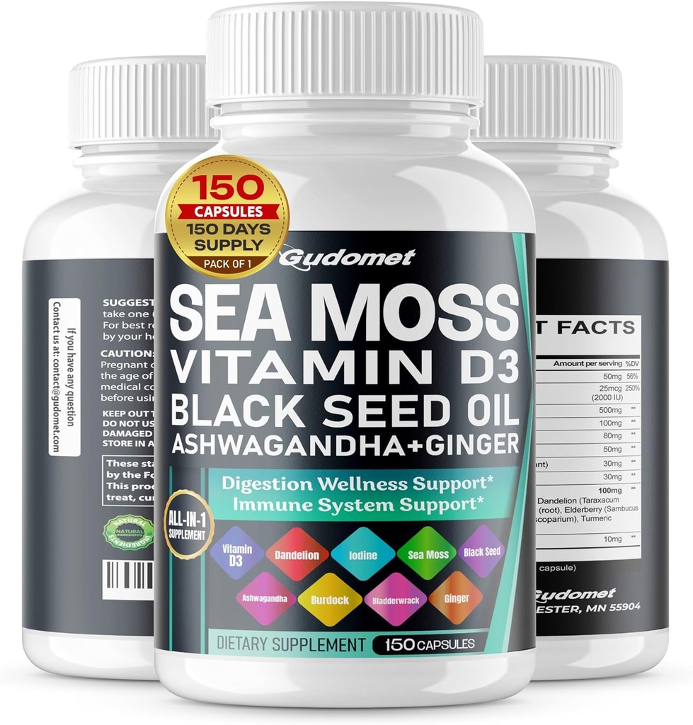 Sea Moss Black Seed Oil - All-in-1 συμπλήρωμα με βιταμίνη C βιταμίνη D3 Ashwagandha Burdock Bladderwrack Τζίντζερ μηλίτη μηλίτη Ξίδι πικραλίδα κίτρινο Dock