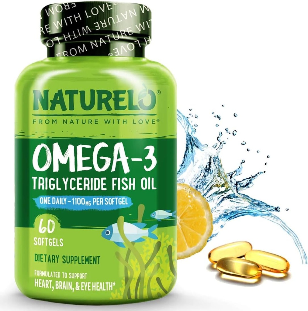 NATURELO Burpless Omega 3 Fish Oil Συμπλήρωμα - 1100mg Τριγλυκερίδια Omega-3, EPA + DHA, Υγρό ιχθυέλαιο για την καρδιά, το μάτι, τον εγκέφαλο, κοινή υγεία - 60 Softgels, 2 Μήνες προσφοράς