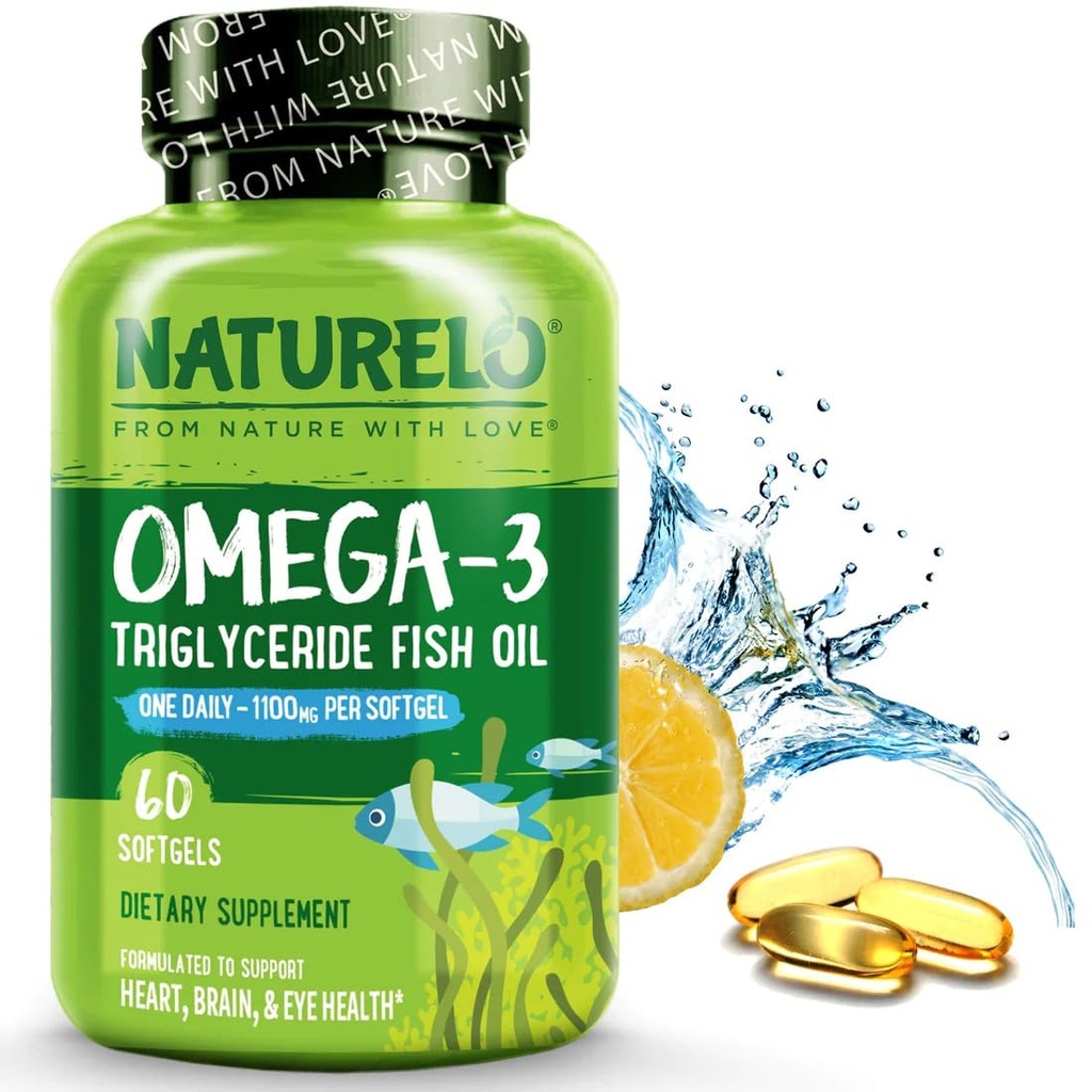 NATURELO Burpless Omega 3 Fish Oil Συμπλήρωμα - 1100mg Τριγλυκερίδια Omega-3, EPA + DHA, Υγρό ιχθυέλαιο για την καρδιά, το μάτι, τον εγκέφαλο, κοινή υγεία - 60 Softgels, 2 Μήνες προσφοράς