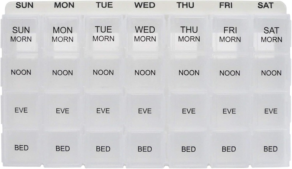 ProMed Weekly 4 Times Daily 7 Day Pill Organizer for Medication, Vitamins & Supplements | Ergonomic Pill Case with Removable Clear Compartments | BPA-Free & Medical-Grade Plastic