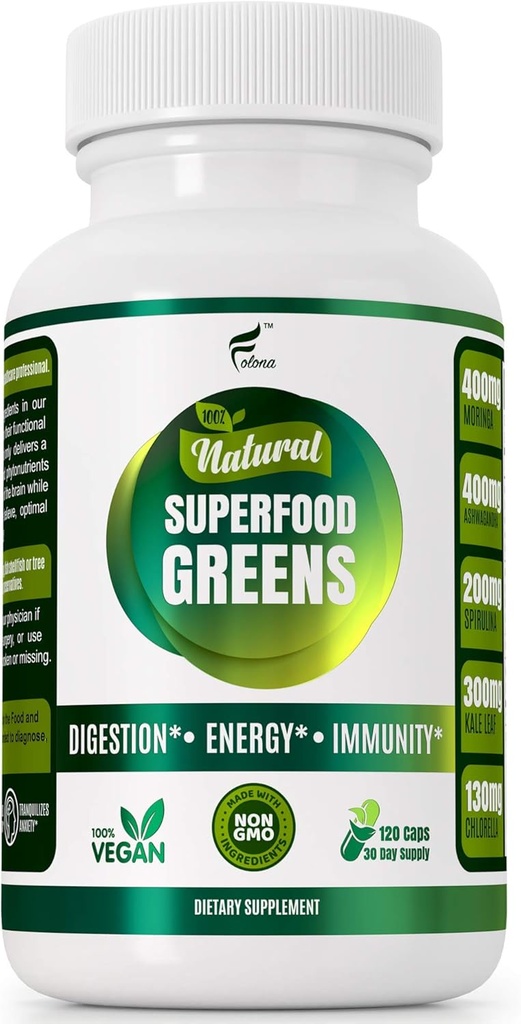 Βιολογικές κάψουλες Vegan Super Greens με Ashwagandha - ανοσοποιητική υποστήριξη με όλα τα φυσικά ολόκληρα θρεπτικά συστατικά Chlorella, Moringa, Spirulina, Turmeric, Kale. Βελτιώστε την πέψη, ενισχύστε την ενέργεια - Χάπια Detox