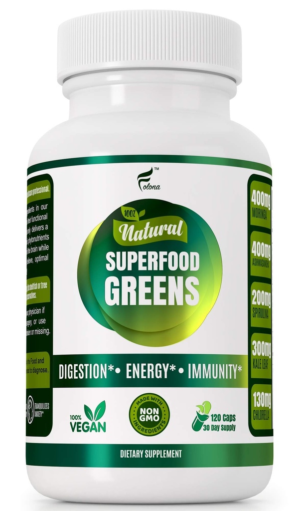 Βιολογικές κάψουλες Vegan Super Greens με Ashwagandha - ανοσοποιητική υποστήριξη με όλα τα φυσικά ολόκληρα θρεπτικά συστατικά Chlorella, Moringa, Spirulina, Turmeric, Kale. Βελτιώστε την πέψη, ενισχύστε την ενέργεια - Χάπια Detox