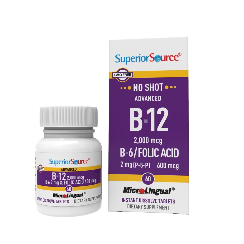Superior Source NO Shot Advanced B-12 2,000 mcg B-6/Φολικό οξύ 600 mcg - Φολικό οξύ για γυναίκες & άνδρες - Β Βιταμίνες συμπλήρωμα υποστηρίζει την ενέργεια & την υγεία των κυττάρων - 60 υπογλώσσια δισκία διάλυσης