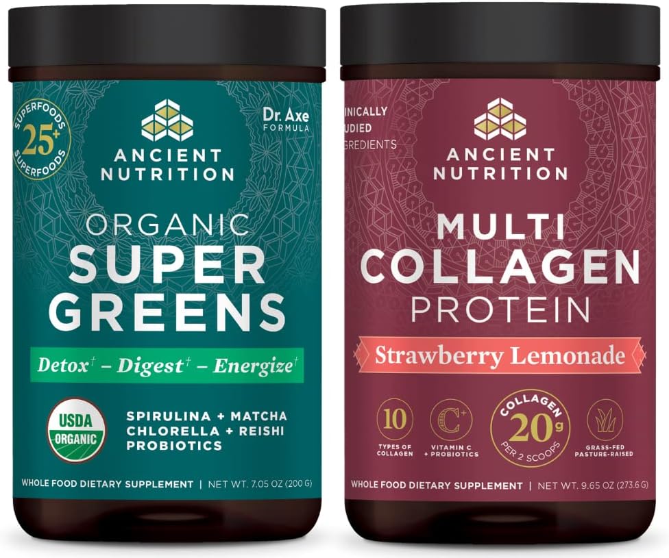 Ancient Nutrition Organic Supergreens Powder, Greens Flavor, 25 Servings + Multi Collagen Protein Powder, Strawberry Lemonade, 24 Servings