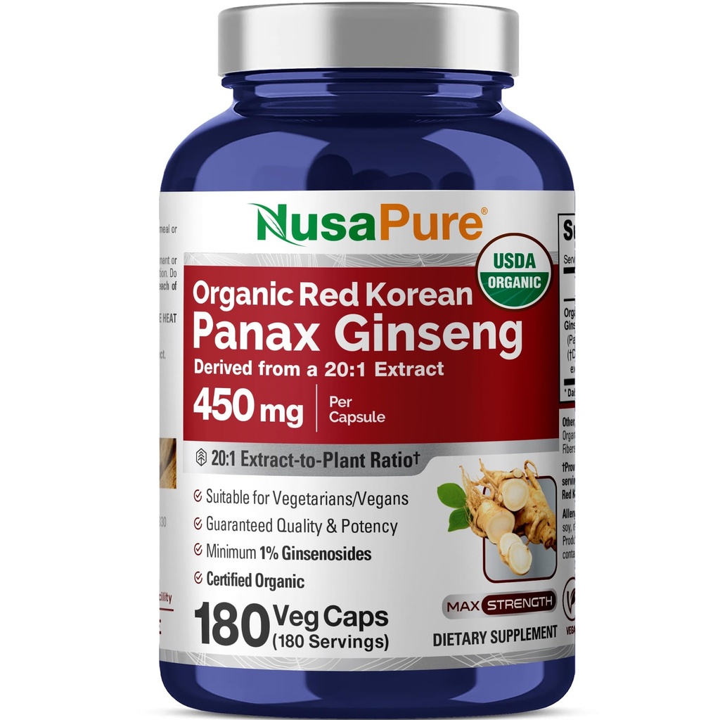 NusaPure Red Korean Panax Ginseng 20:1 Extract, 450 mg Ισοδύναμο με 9.000 mg 180 Veggie Caps (USDA Organic, Non-GMO, Vegan, Veganian, Bioperine)