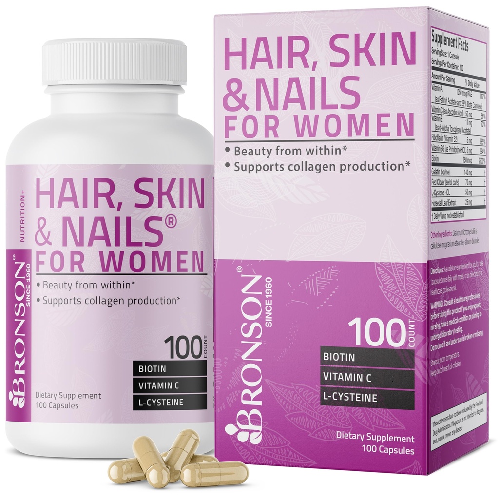 Bronson Hair, Skin & Nails with Biotin Extra Strength Vitamin Supplement for Women, 100 Capsules