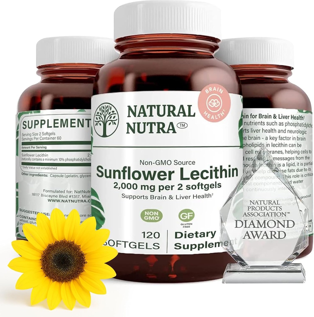 Natural Nutra Ηλίανθος Λεκιθίνη 2000 mg συμπλήρωμα, Υποστηρίζει Θηλασμό Moms με Plugged Duct Relief, Liver & Brain Health Booster, χωρίς σόγια, χωρίς γλουτένη, 120 Softgels (3 Pack)