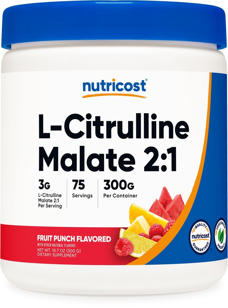 Nutricost L-Citrulline Malate 2:1 (300g) Fruit Punch - Υποστήριξη προπόνησης, μυϊκή απόδοση, Nitric Oxide Booster - Fitness συμπλήρωμα σκόνης, 75 εξυπηρετούν