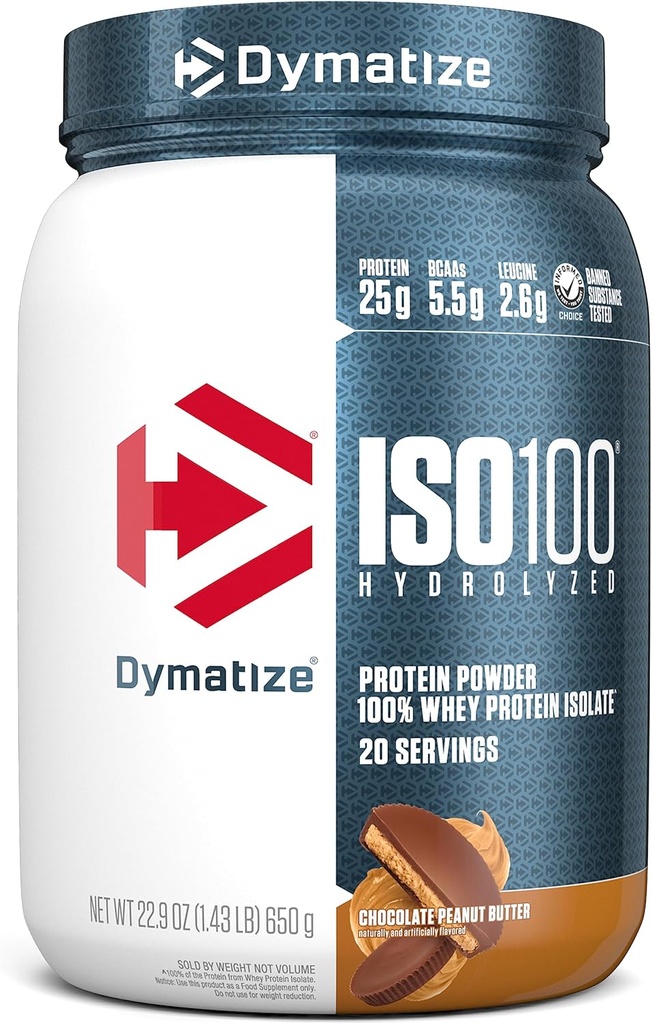 Dymatize ISO100 Whey Protein Powder Isolate, Chocolate Peanut Butter, 25g of Protein, 5.5g BCAAs, Less Than 120 Cal., Gluten Free, 1g Fat, 1g Sugar, 2g Carb (20 Servings)