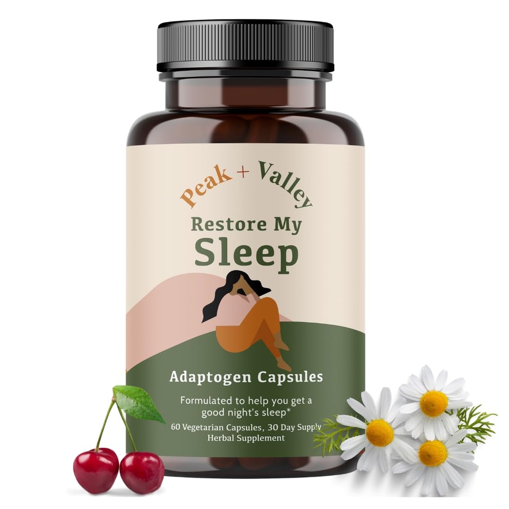 Peak + Valley Natural Sleep Aid for Adults - 60 Capses for Deep Sleep - 3 mg μελατονίνη, L Theanine, Χαμομήλι, Ashwagandha - Φυσικό βοτανικό χάπια ύπνου - Επιπλέον δύναμη ηρεμιστική βοήθεια ύπνου
