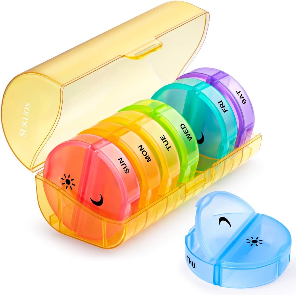 Sukuos Large Weekly Pill Organizer 2 φορές την ημέρα, Daily Pill Box 7 Day Easy to Open with Double Protection, AM Pill Case for Medicine/Vitamin/Fish Oil/Supplements (Κίτρινη)