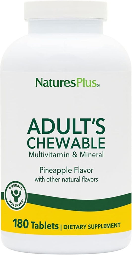 NaturesPlus Adult's Chewable Multivitamin - 180 Vegetarian Tablets - Pineapple Flavor - Natural Whole Foods Supplement for Overall Health, Energy - Gluten-Free - 180 Servings