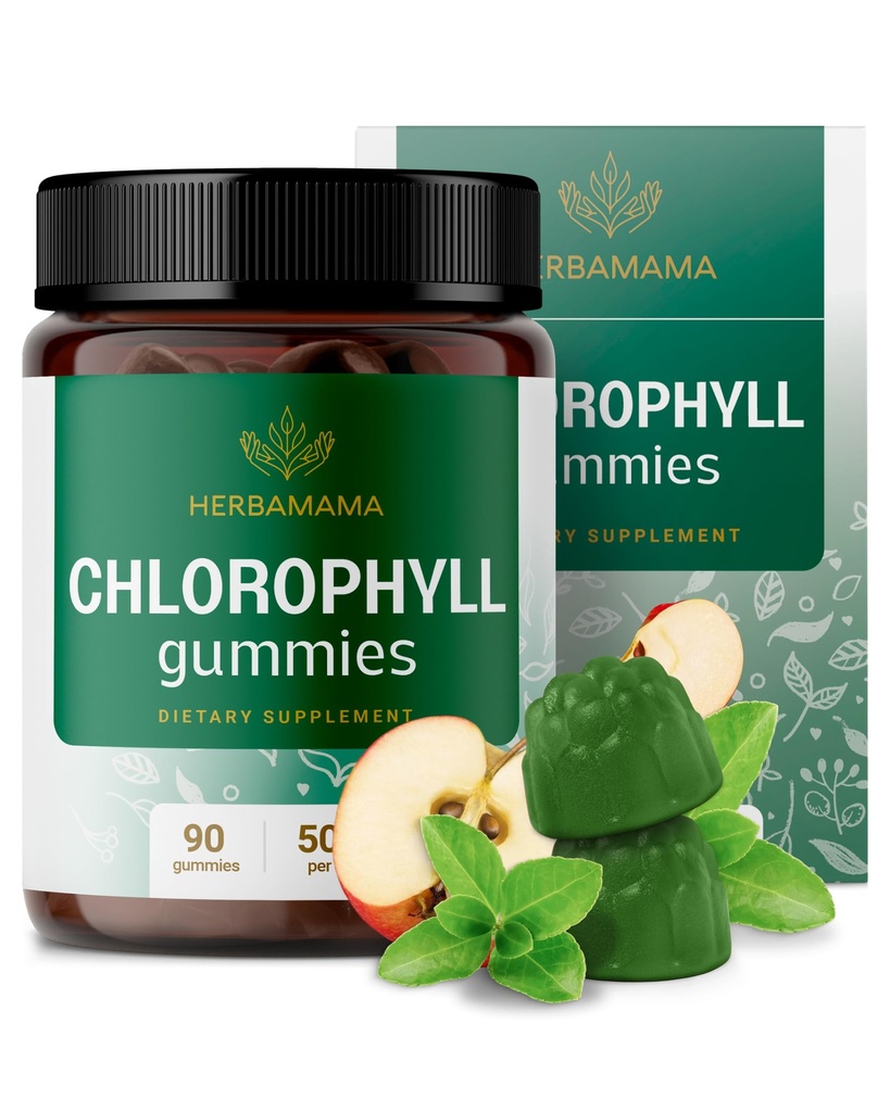 HERBAMAMA Chlorophyl Detox Gummies - 50mg Νάτριο Chlorophyllin Εσωτερικό Αποσμητικό για την υποστήριξη ODOR σώματος - Vegan, μη GMO Αντιοξειδωτικό συμπλήρωμα - 90 Pectin-based Apple-Flavored Chews