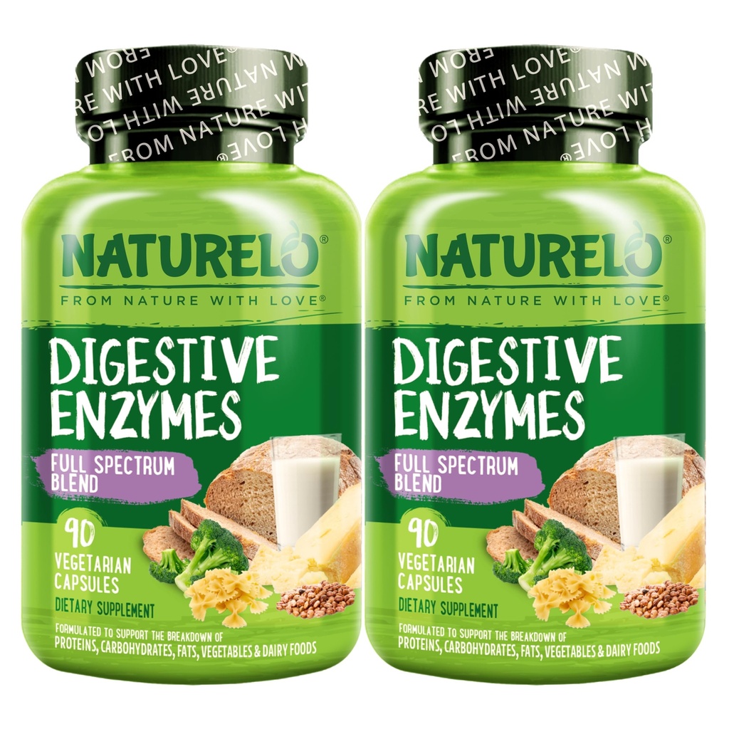 NATURELO Digestive Enzymes - Full Spectrum Support with a Broad Blend of 15 Enzymes Plus Ginger - 90 Vegan Κάψουλες (Pack of 2)
