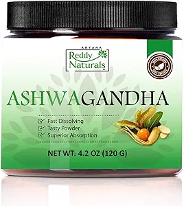 Reddy Naturals Aryana Pure Organic Ashwagandha Powder - Ρίζα υψηλής ισχύος με 10% Withanolides - Φυσικό άρωμα πορτοκαλιού για το άγχος και την ενεργειακή υποστήριξη - 4.2 OZ (120g)