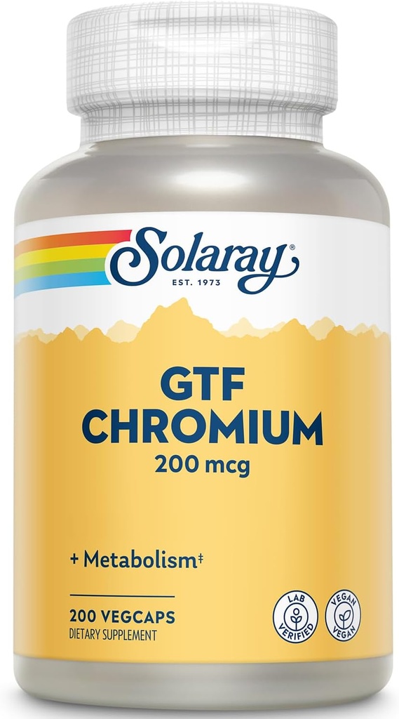 Solaray GTF Chromium 200mcg - Pure Chromium GTF 200 mcg συμπλήρωμα, υποστηρίζει τη μεταβολική λειτουργία και την υγεία ολόκληρου του σώματος για άνδρες και γυναίκες - 200 κάψουλες Vegan