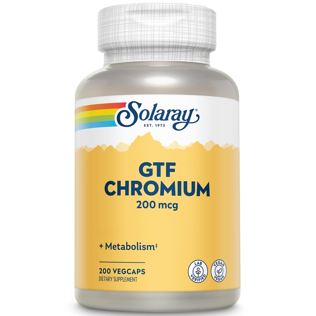 Solaray GTF Chromium 200mcg - Pure Chromium GTF 200 mcg Supplement, Supports Metabolic Function and Whole Body Health for Men and Women - 200 Vegan Capsules