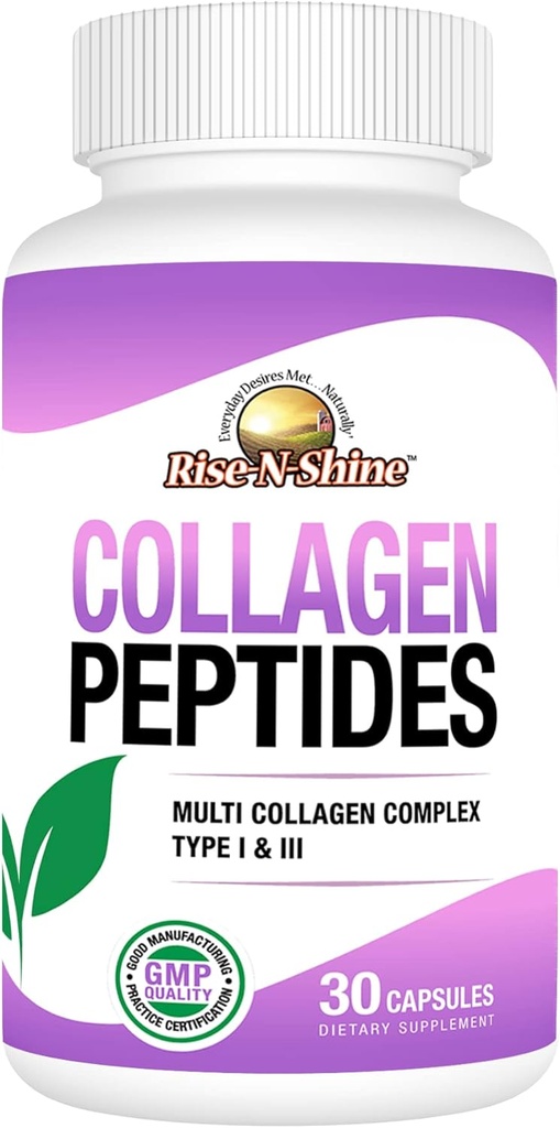 Rise-N-Shine Hydrolyzed Collagen Type I & III - Collagen Peptides Complex Συμπληρώματα για τα μαλλιά, το δέρμα, τα νύχια, και κοινή υποστήριξη - 30 κάψουλες (30-Day Supply)