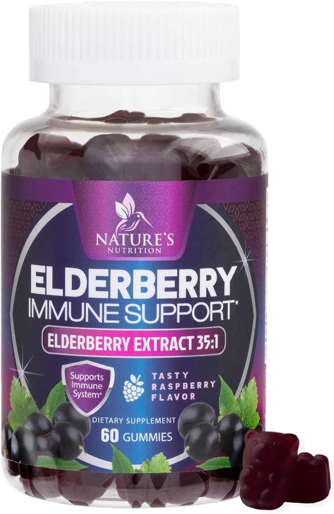 Gummys Immune Support Elderberry - Super Concentred 35:1 Extract, Ισοδύναμο με 4200mg Elderberries - Sambucus Black Elder Berry Vitamin Supplement, Καθημερινή Υποστήριξη για Παιδιά & Ενήλικες - 60 Gummies