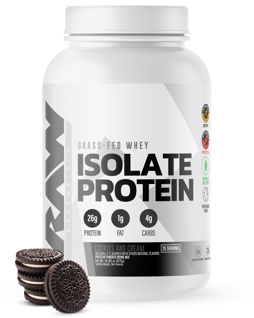RAW Whey Isolate Protein Powder, Cookies N Cream - 100% Grass-Fed Sports Nutrition Protein Powder for Muscle Growth & Recovery - Low-Fat, Low Carb, Φυσικά αρωματισμένα & Γλυκασμένα - 25 Υπηρεσίες