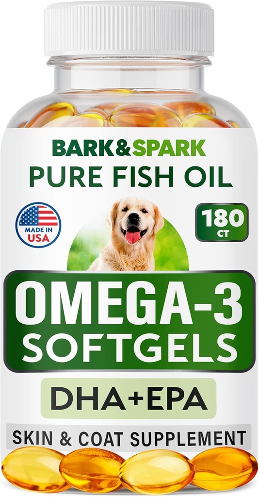 BARK&SPARK Ωμέγα 3 για σκύλους - 180 ιχθυέλαιο Softgels για σκυλοβόμβα, Αλλεργία του δέρματος, Itch Relief, Hot Spots Θεραπεία - Κοινή Υγεία - Skin and Coat Supplement - EPA & DHA Λιπαρά Οξέα - Λάδι σολομού