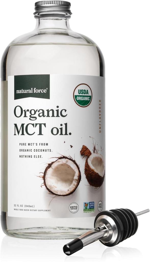 Natural Force Organic MCT Oil – Pure Glass Bottle – Made from 100% Cold Pressed Virgin Coconut Oil + Certified Keto, Paleo, Kosher, Vegan & Non-GMO – Lab Tested for Quality and Purity - 32 Ounce