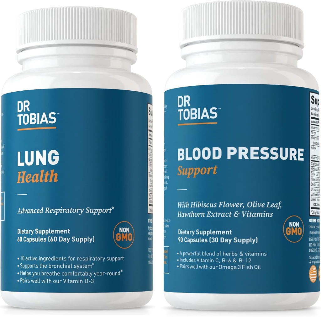 Dr. Tobias Lung Health & Blood Pressure Support Supplements, Lung Cleanse & Detox, Υποστηρίζει την κανονική Κυκλοφορική Υγεία με Βιταμίνη C, B6, B12, Nicin, Folate