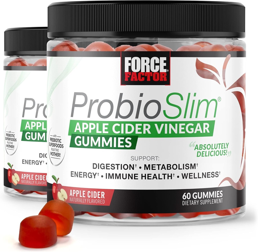 FORCE FACTOR ProbioSlim Apple Cider Vinegar Gummies, 2-Pack, with Organic Apple Cider Vinegar and LactoSpore Probiotics and Prebiotics to Support Digestion, Metabolism, and Immune Health, 120 Gummies