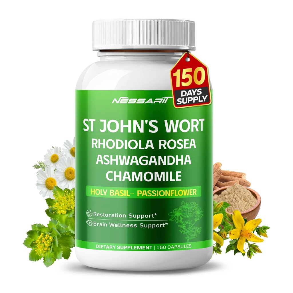 ST John's Wort 14-in-1 Φυσική ανάμειξη με Rhodiola Ashwagandha Χαμομήλι Ιερός Βασίλειος L-Theanine Valerian Passionflower - 150 Count - Made & Tested in The USA