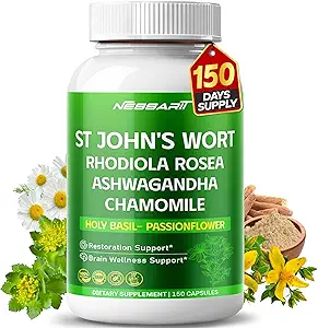 ST John's Wort 14-in-1 Φυσική ανάμειξη με Rhodiola Ashwagandha Χαμομήλι Ιερός Βασίλειος L-Theanine Valerian Passionflower - 150 Count - Made & Tested in The USA