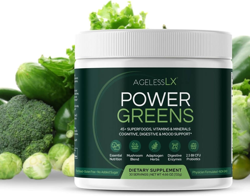 AgelessLX Power Greens, 42 Superfoods με Προβιοτικά, Ένζυμα, και Prebiotic Fiber για την Ενισχυμένη Ενέργεια, Ανοσία & Digestive Υγεία, 30 Υπηρεσίες