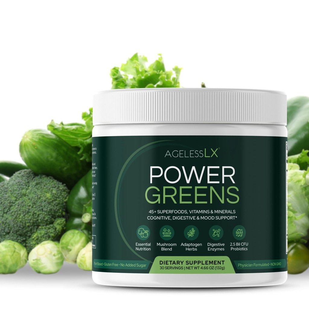 AgelessLX Power Greens, 42 Superfoods με Προβιοτικά, Ένζυμα, και Prebiotic Fiber για την Ενισχυμένη Ενέργεια, Ανοσία & Digestive Υγεία, 30 Υπηρεσίες
