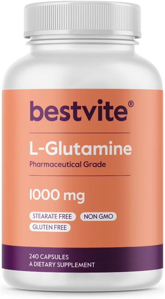 BESTVITE Filler-free L-Glutamine 1000mg ανά καψάκιο (240 κάψουλες) - Δωρεάν μορφή - Χωρίς Stearates - Χωρίς γλουτένη - Μη ΓΤΟ - Αμιγής L Glutamine συμπλήρωμα - Μέγιστη δύναμη Κάψουλες Γλουταμίνης