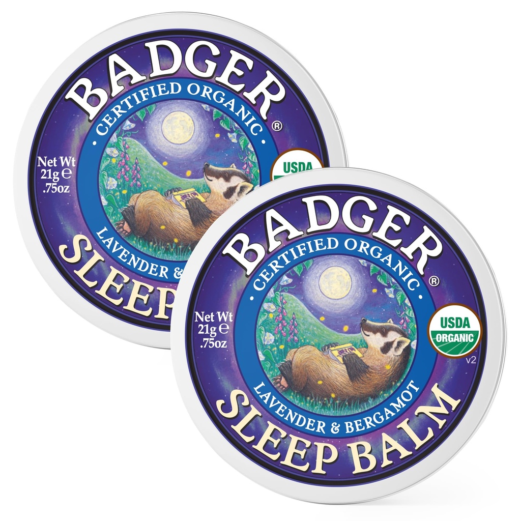Badger Sleep Balm, Βιολογικό αιθέριο Έλαιο Αρωματοθεραπεία Φυσικό Sleep Balm για ενήλικες & παιδιά, Χαλαρωτική & Χαλαρωτική Λεβάντα & Bergamot Φυσική Υποστήριξη Ύπνου, .75 oz Tin, 2-Pack