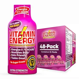 Vitamin Energy B12 11,000% Extra Strength Energy Shot Pink Berry 48 Pack, 260mg Natural Caffeine, B12 & B6, Nootropic Focus, Vitality, Zero Sugar, Gluten-Free, Vegan, Kosher, 1.93 fl oz