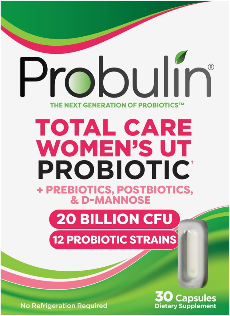 Probulin Total Care Women's Urinary Tract = Prebiotics + Probiotics + Postbiotics to Support a Healthy Vaginal Microbiome - 20 Billion CFU - 12 Strains - 30 Vegan Capsules