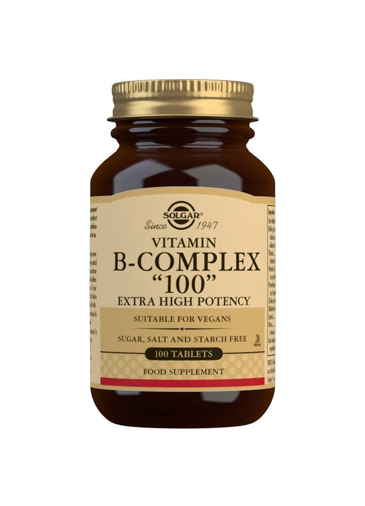 Solgar B- Complex 100" - 100 Δισκία - Ενεργειακός Μεταβολισμός, Καρδιαγγειακή Υγεία, Υποστήριξη Νευρικού Συστήματος - Μη ΓΤΟ, Vegan, Χωρίς Γλουτένη - 100 Σερβιέτες