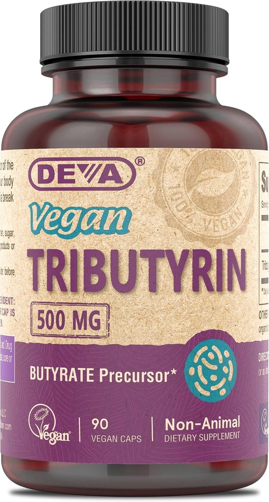 DEVA Vegan Tributyrin Supplement - Butyrate Precursor, υποστήριξη φραγμάτων κόκκων, βουτυρικό οξύ, 500 MG κάψουλες Vegan, υποστήριξη λαγών, Digetion, 90 κόμης