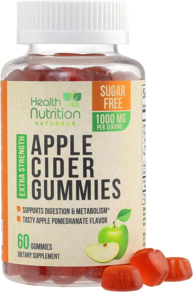 Apple Cider Vinegar Gummies 1000mg - Max Strength Sugar Free ACV Gummy Vitamins, Supports Metabolism & Energy, Keto Friendly, Vitamin B12, Gelatin-Free, Gluten-Free, Vegan & Non-GMO - 60 Gummies