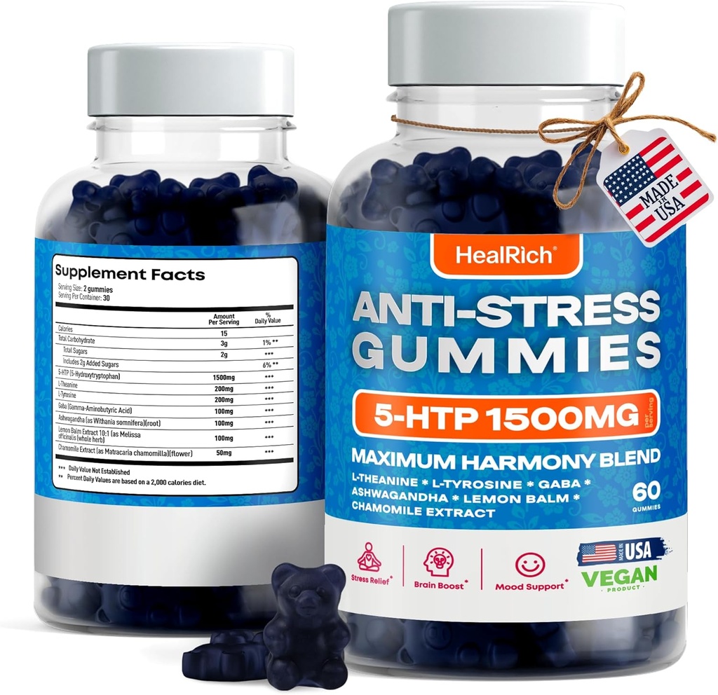 Άγχος ανακούφιση Gummies - 1500MG 5HTP με L-Theanine Gaba & L-Tyrosine - Ashwagandha βοτανικό συμπλήρωμα Υποστηρίζει πνευματική εγρήγορση Vegan Brain Mood Booost Συμπληρώματα για παιδιά & ενήλικες Made in USA