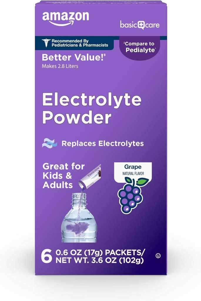 Βασική Φροντίδα Ηλεκτρολυτών Powder Packets για την ενυδάτωση για παιδιά & ενήλικες, Grape Flavor, 6 Count (Pack of 1)