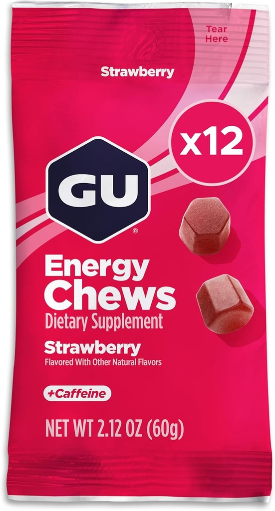 GU Energy Chews, Strawberry Energy Gummies με ηλεκτρολύτες, Vegan, Gluten-free, Kosher, 20 mg καφεΐνη, και Dairy-free On-the-Go Energy για κάθε προπόνηση, 12 Τσάντες (24 Services Σύνολο)