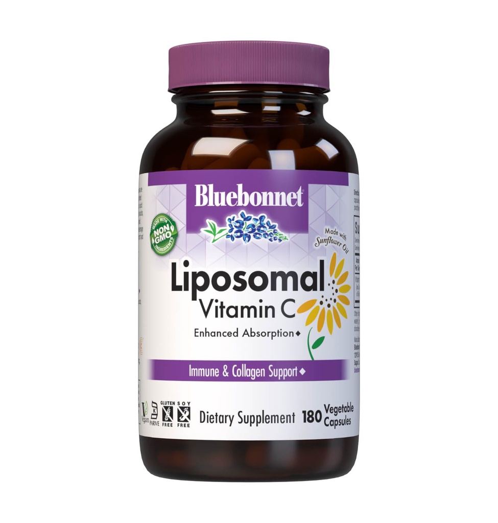 BlueBonnet Διατροφή Λιποσωμική Βιταμίνη C 1000 mg, Κατασκευασμένη με Ηλιέλαιο, Ανοσοποιητικό & Κοινό Άνεση*, Vegan, Kosher, Μη ΓΤΟ, Χωρίς γλουτένη, Χωρίς γάλα σόγιας, 180 κάψουλες λαχανικών, 90 Σερβιέτες