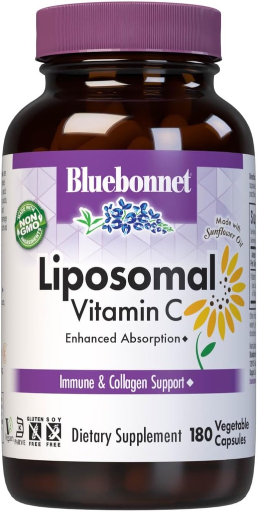 BlueBonnet Nutrition Liposomal Vitamin C 1000 mg, Made with Sunflower Oil, Immune & Joint Comfort*, Vegan, Kosher, Non-GMO, Gluten-Free, Soy-Free Milk-Free, 180 Vegetable Capsules, 90 Servings